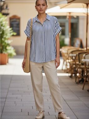 Lola River Relaxed Stripe Button-Down Shirt - Blue/White Medium Linen-blend